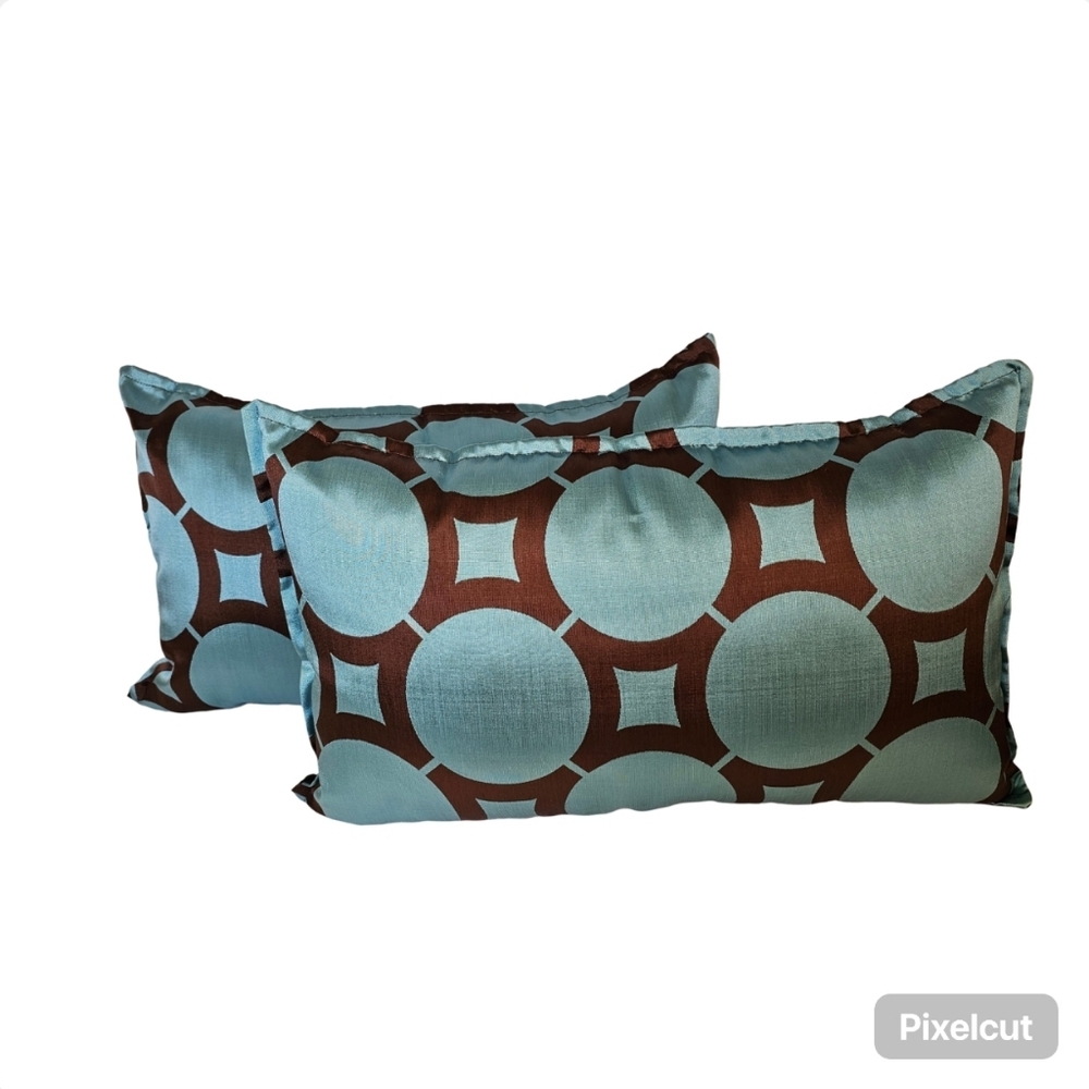 Two torqouise blue and brown soft decorative accent pillows 22x13 inches.